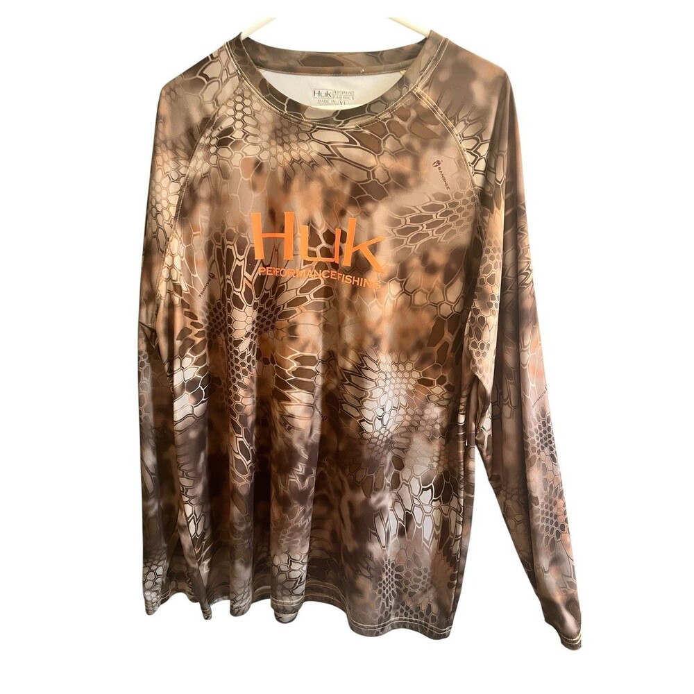 Huk Performance Fishing Men's XL Long Sleeve Shirt Brown and Green Kryptid Look